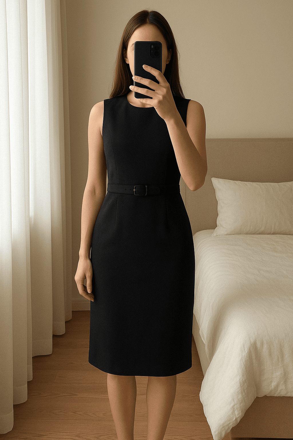 Schwarzes Etuikleid mit Gürtel / y2k / japanstyle / Old Money Style / Vintage Dressing aufrecht stehend, der Kamera zugewandt, in einem sanft beleuchteten Schlafzimmer, mit natürlichem Licht, das durch ein Fenster fällt.