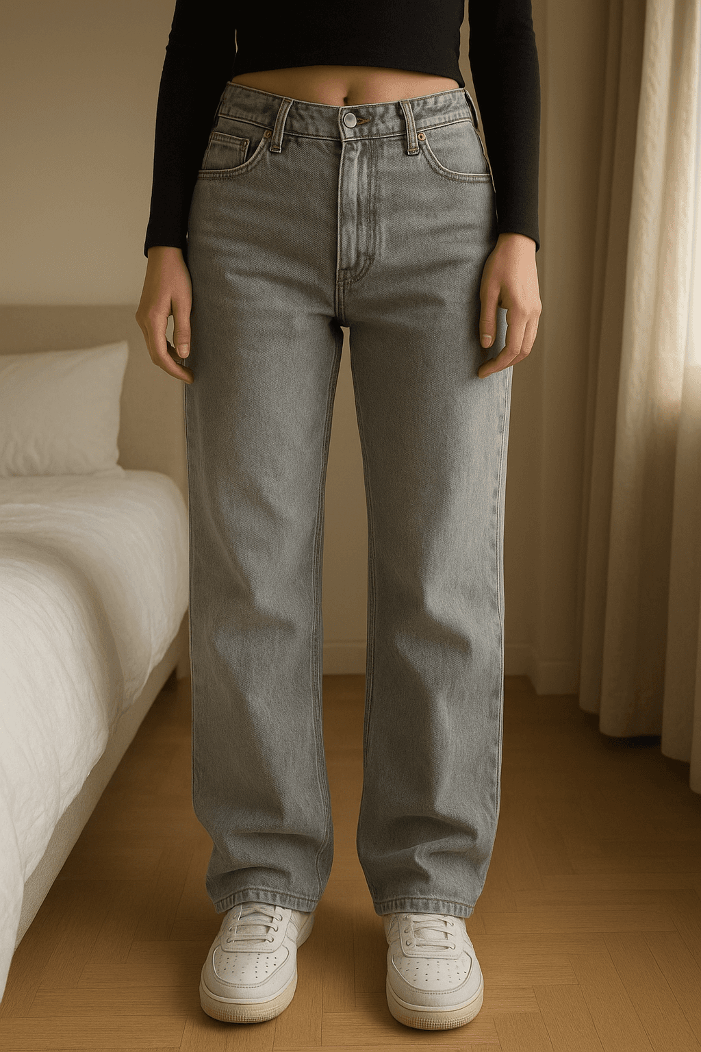 Hellgraue Baggy Jeans Bershka || Wide Leg || Loose Fit aufrecht stehend, der Kamera zugewandt, in einem sanft beleuchteten Schlafzimmer, mit natürlichem Licht, das durch ein Fenster fällt.