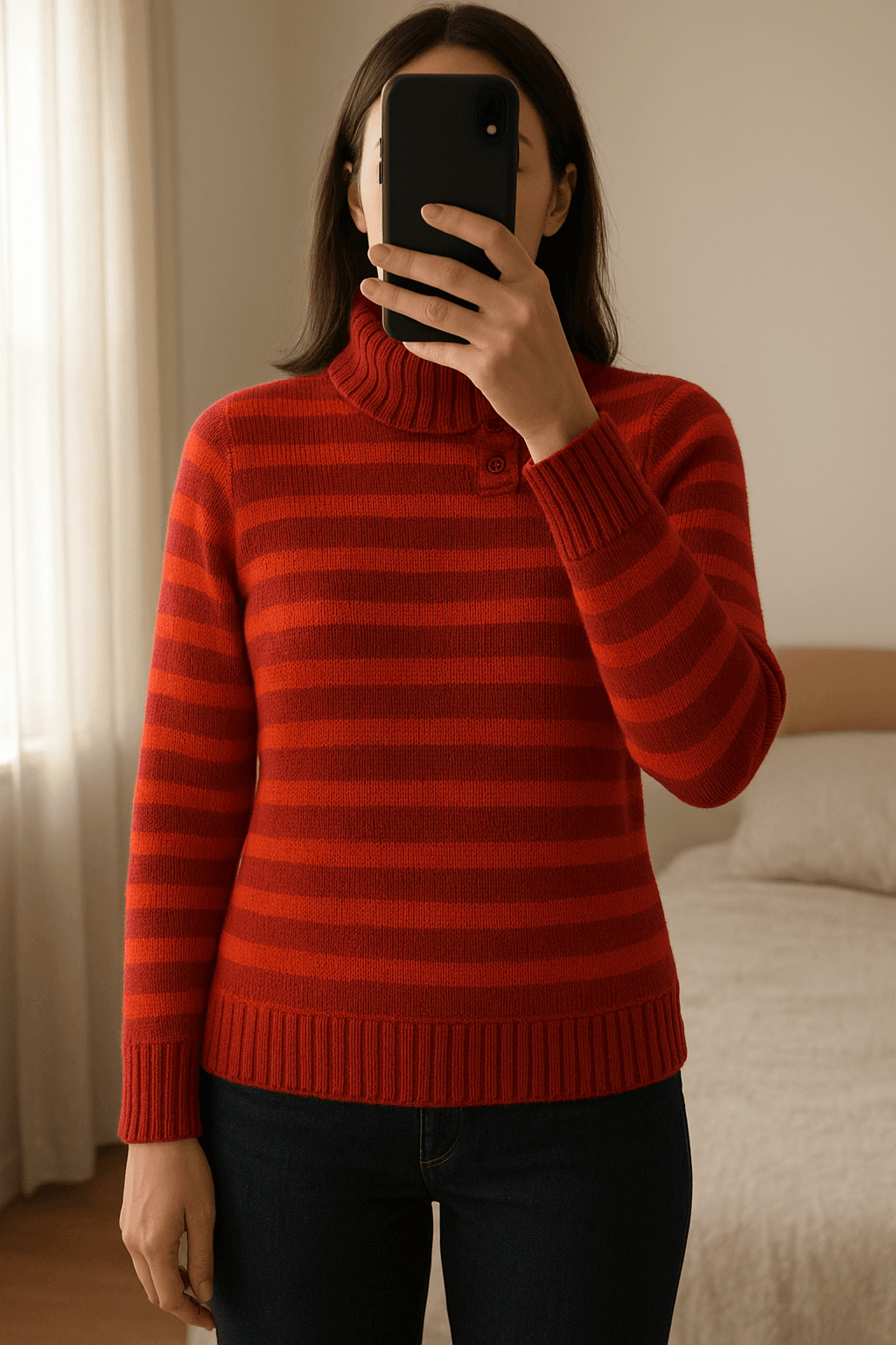 Nieuwe warme wollen trui - Xandres - maat M - als nieuw debout, face à la caméra, dans une chambre à la lumière douce, avec une lumière naturelle filtrant par la fenêtre.