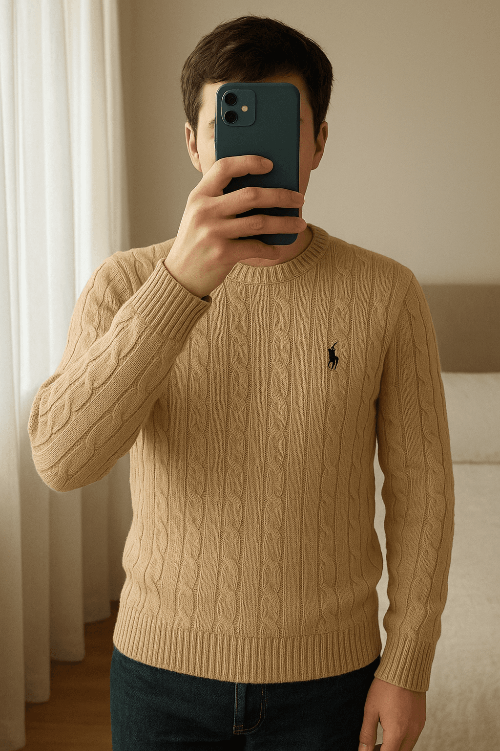 Maglione Ralph Lauren Uomo Donna Unisex Beige in piedi, rivolto verso la fotocamera, in una camera da letto con luce soffusa e luce naturale che filtra dalla finestra.
