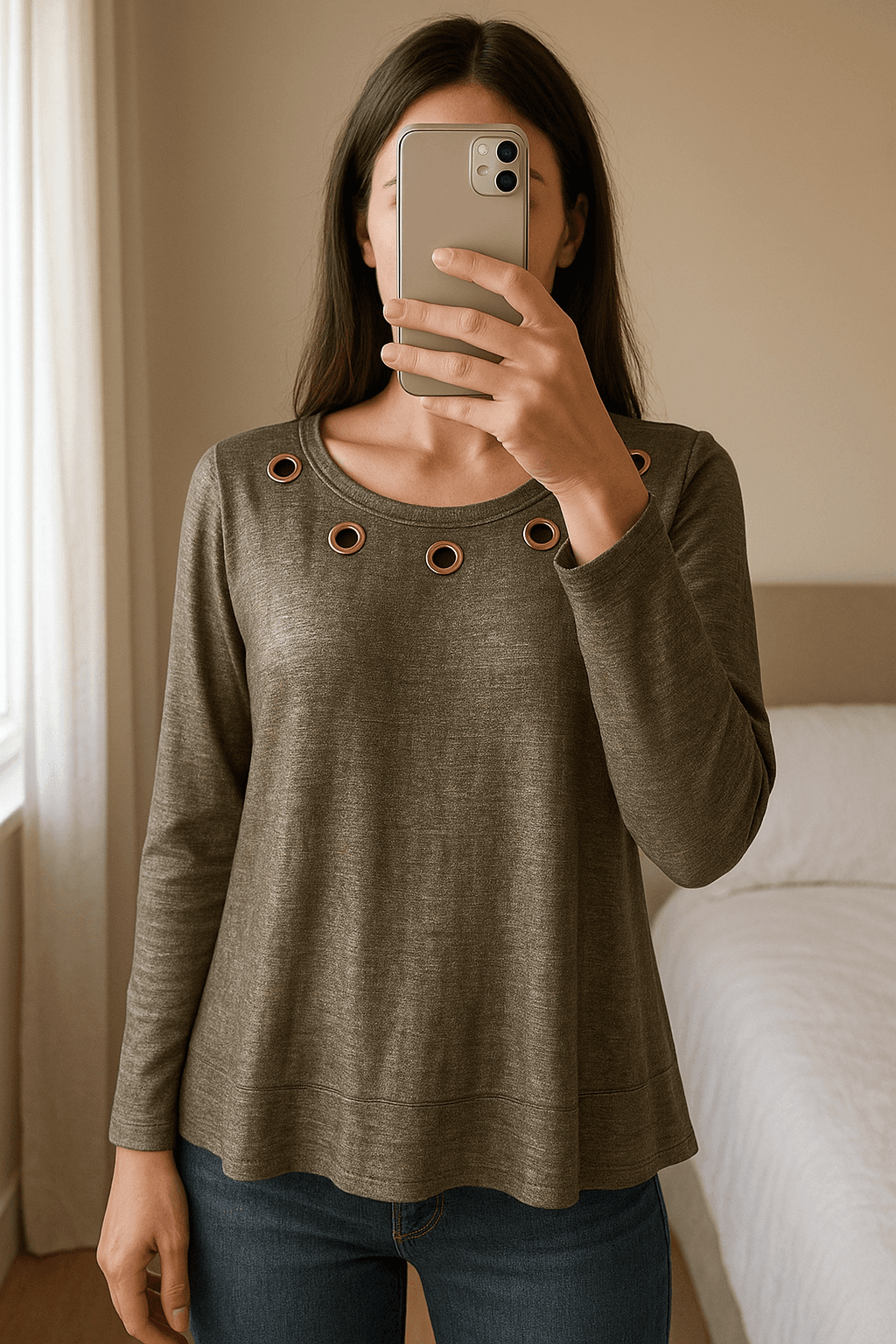 Maglia Relish in effetto lurex oro con occhielli decorativi in piedi, rivolto verso la fotocamera, in una camera da letto con luce soffusa e luce naturale che filtra dalla finestra.