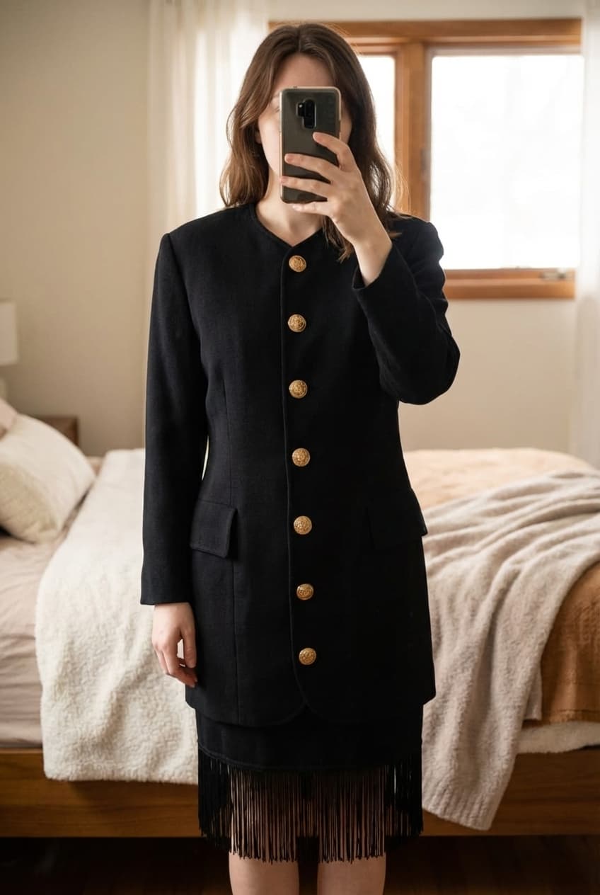 Sublime veste longue noire debout, face à la caméra, dans une chambre à la lumière douce, avec une lumière naturelle filtrant par la fenêtre.