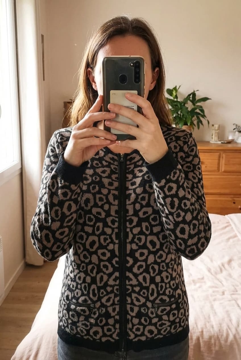 Cardigan chic et choc debout, face à la caméra, dans une chambre à la lumière douce, avec une lumière naturelle filtrant par la fenêtre.