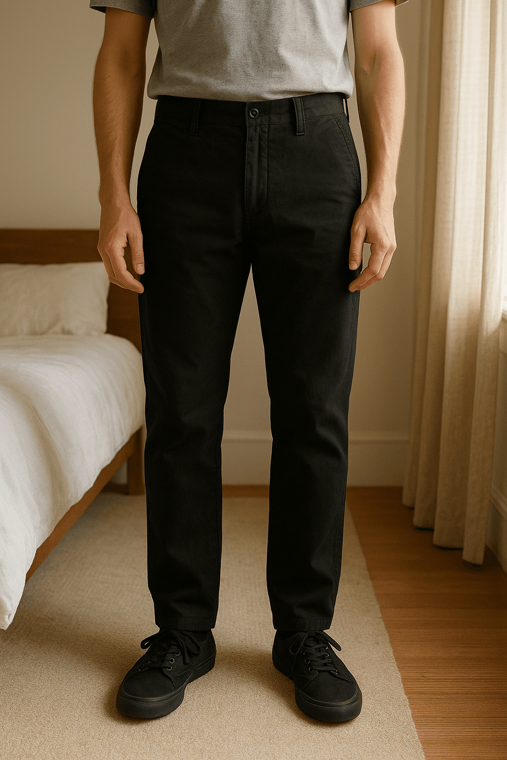 Pantalón negro de Object. debout, face à la caméra, dans une chambre à la lumière douce, avec une lumière naturelle filtrant par la fenêtre.