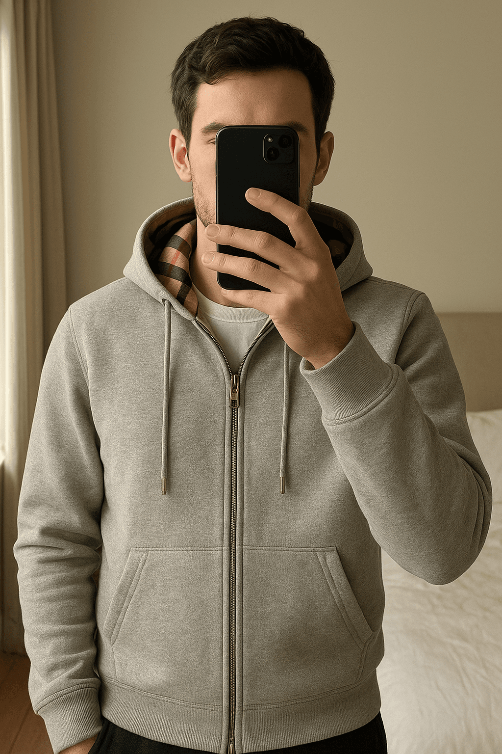 Burberry vest standing straight facing the camera, in a softly lit bedroom setting, with gentle natural light filtering through a window.