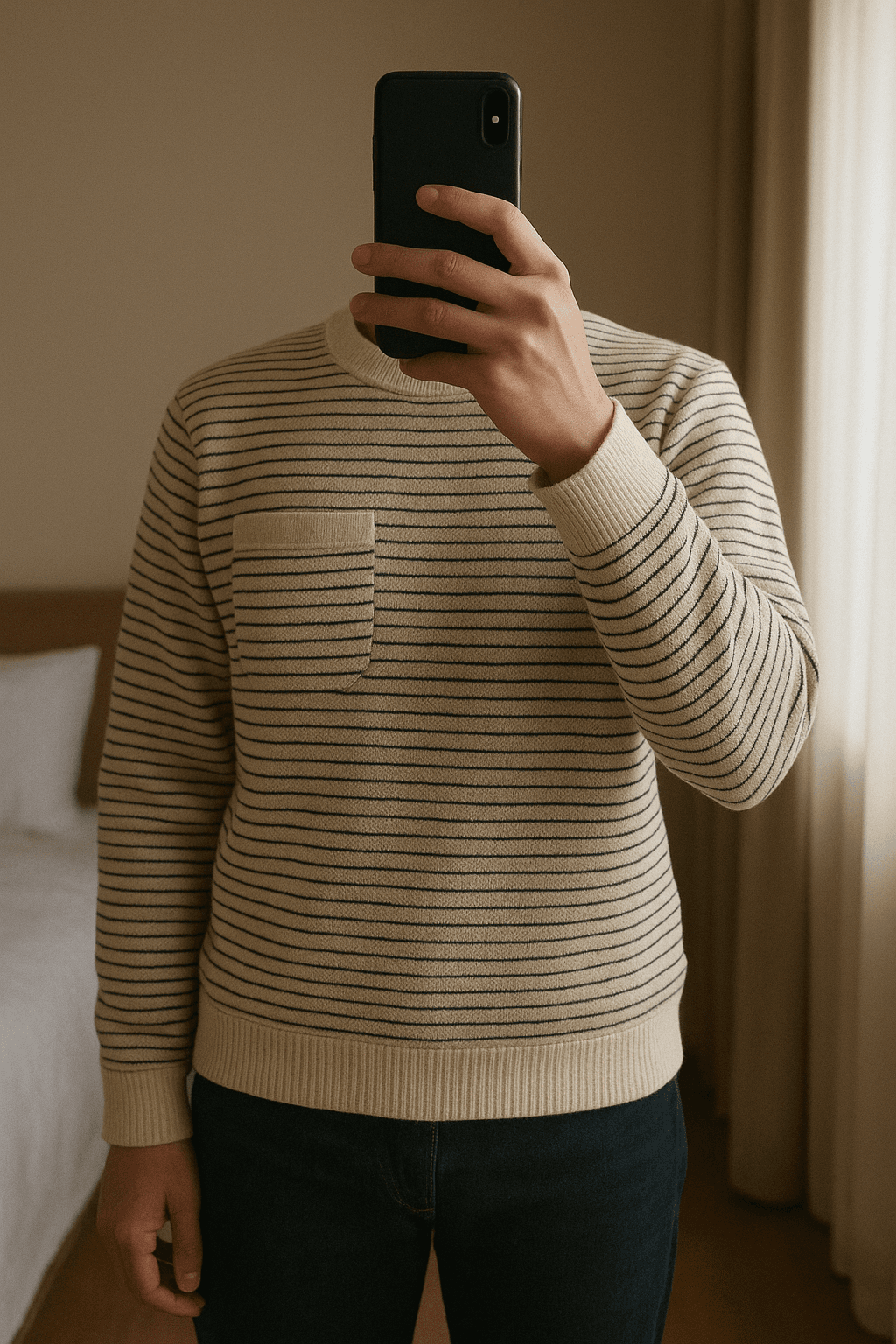 Tommy Hilfiger Small (S) Striped Sweatshirt / Jumper standing straight facing the camera, in a softly lit bedroom setting, with gentle natural light filtering through a window.