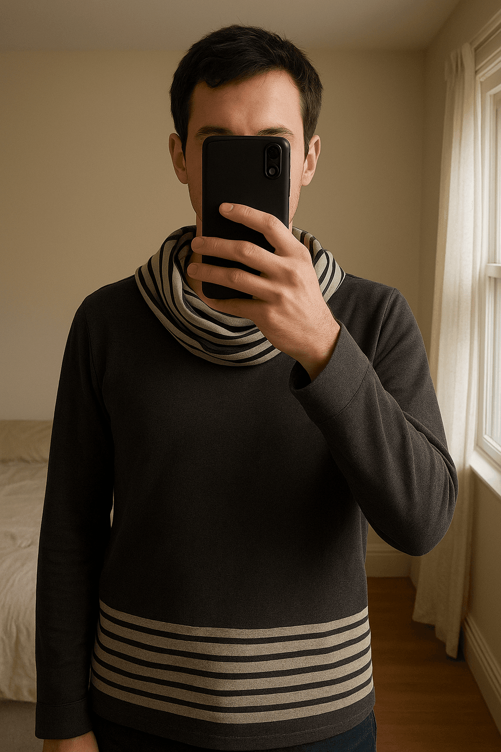 Men's Black and White Striped Jumper standing straight facing the camera, in a softly lit bedroom setting, with gentle natural light filtering through a window.