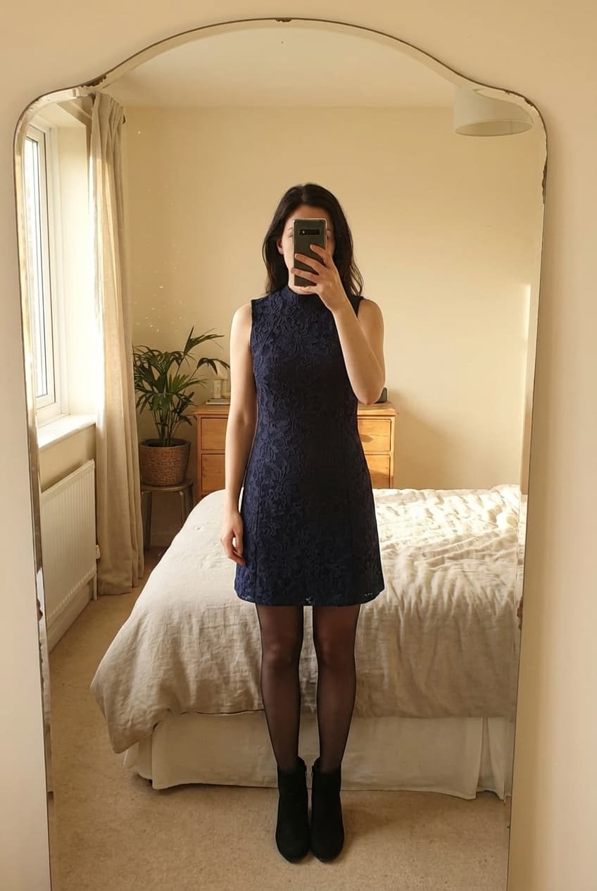 Sublime robe bleu nuit debout, face à la caméra, dans une chambre à la lumière douce, avec une lumière naturelle filtrant par la fenêtre.