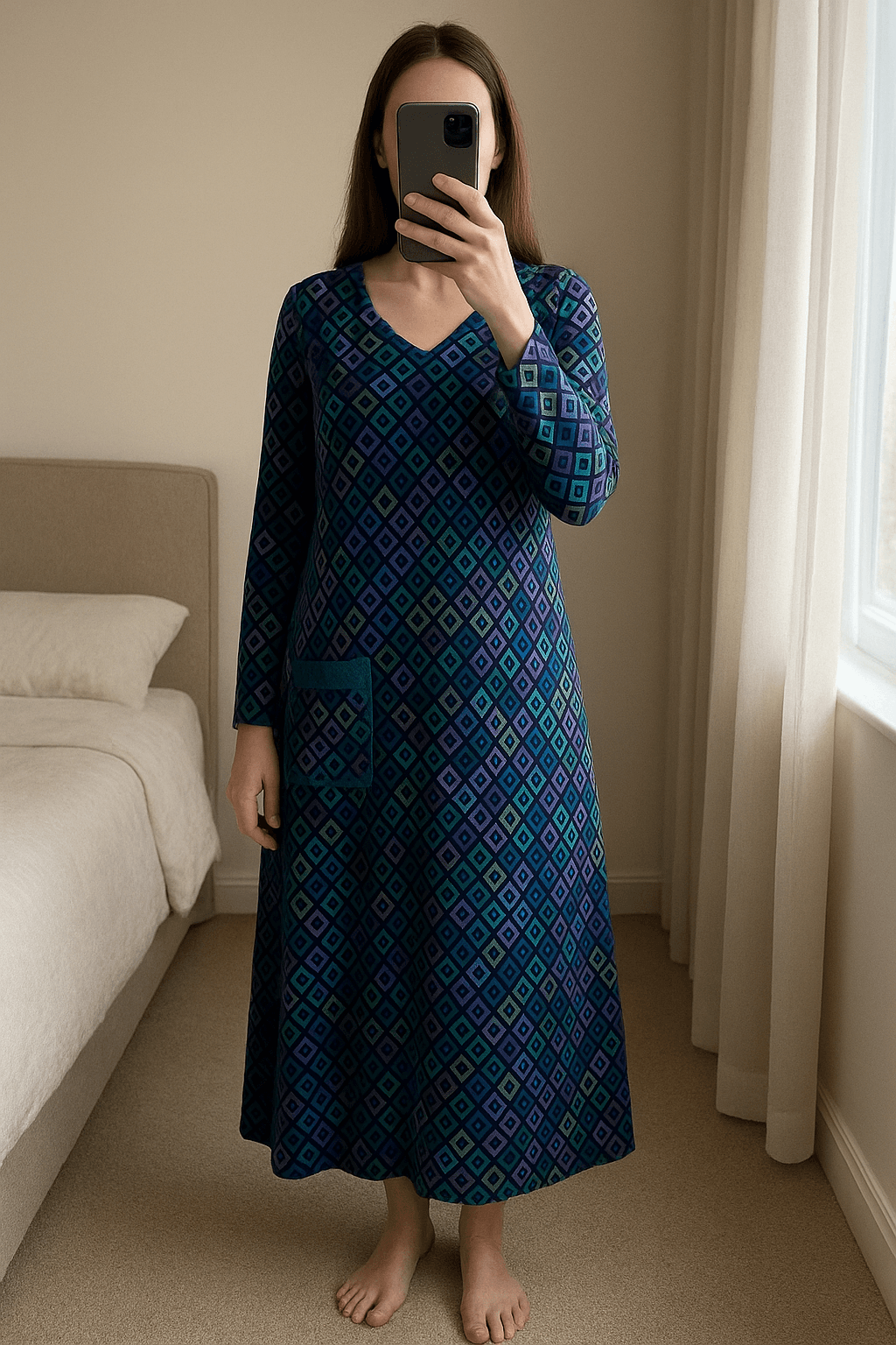 Abito multicolore a fantasia geometrica – comodo stile bohemien boho chic in piedi, rivolto verso la fotocamera, in una camera da letto con luce soffusa e luce naturale che filtra dalla finestra.