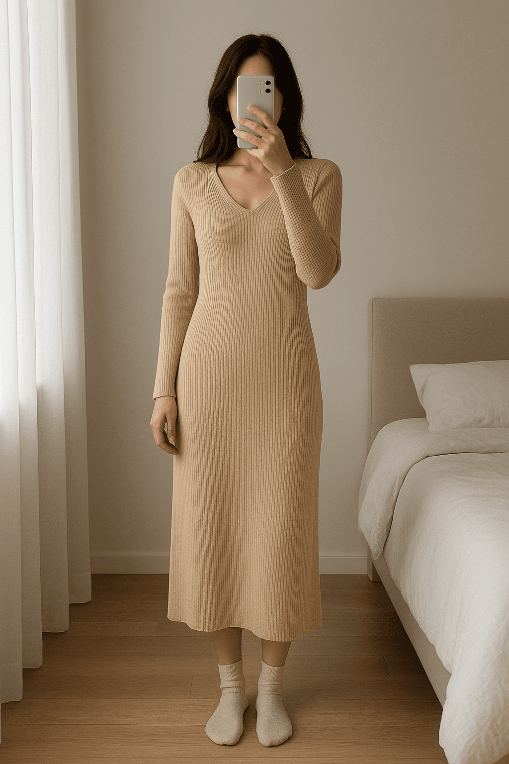 Élégance robe debout, face à la caméra, dans une chambre à la lumière douce, avec une lumière naturelle filtrant par la fenêtre.