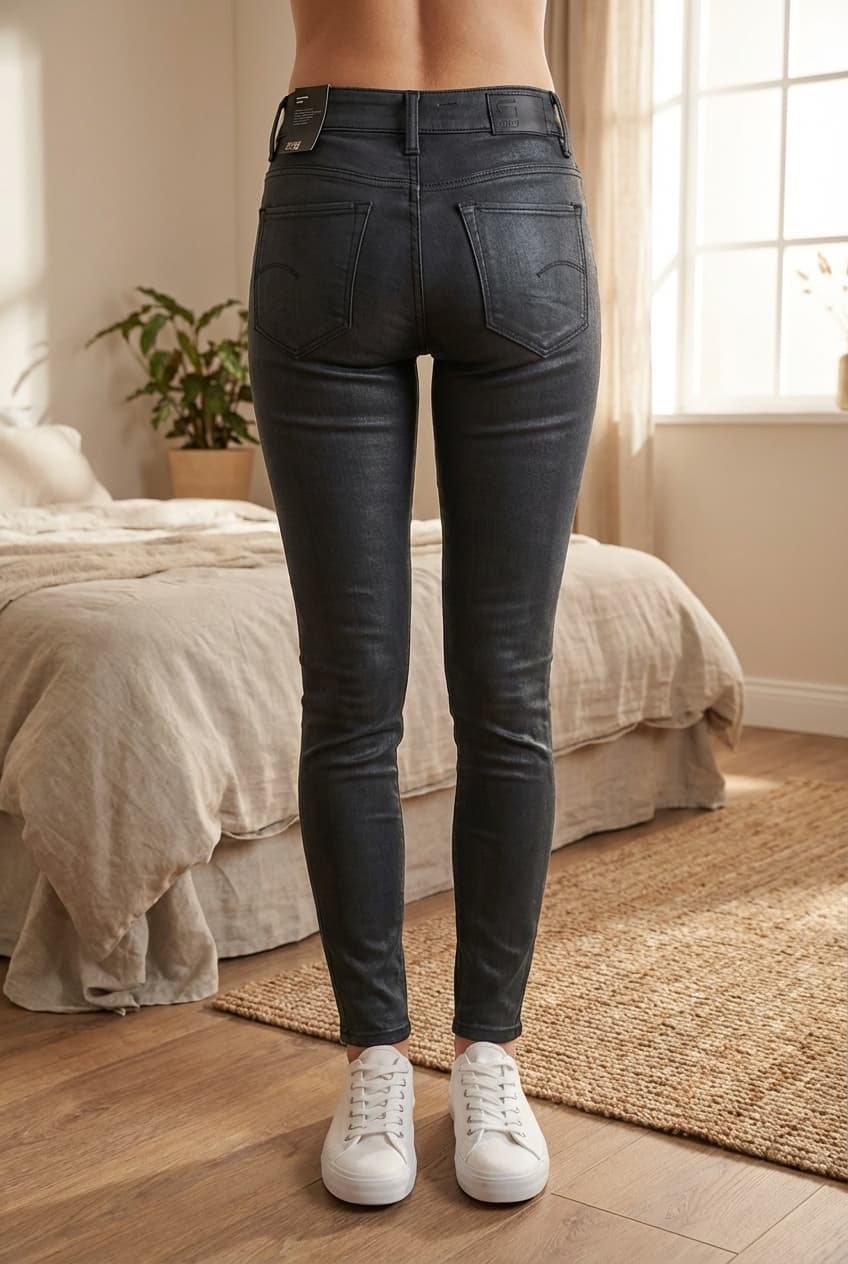 G-star skinny jean taille haute - W27 debout, face à la caméra, dans une chambre à la lumière douce, avec une lumière naturelle filtrant par la fenêtre.