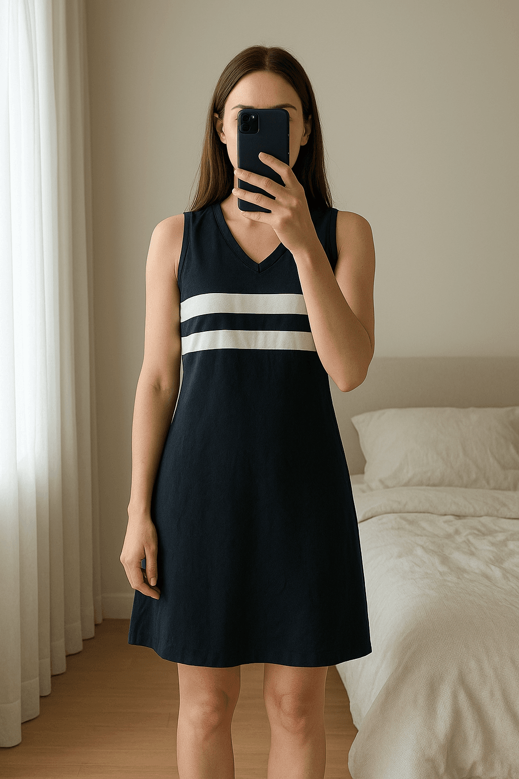 Street One Kleid Blau Weiss Gr. 38 Damen aufrecht stehend, der Kamera zugewandt, in einem sanft beleuchteten Schlafzimmer, mit natürlichem Licht, das durch ein Fenster fällt.