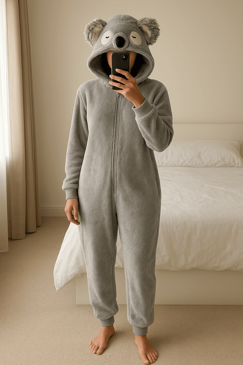Toller Kuschel Onsie / Overall von Verbaudet aufrecht stehend, der Kamera zugewandt, in einem sanft beleuchteten Schlafzimmer, mit natürlichem Licht, das durch ein Fenster fällt.