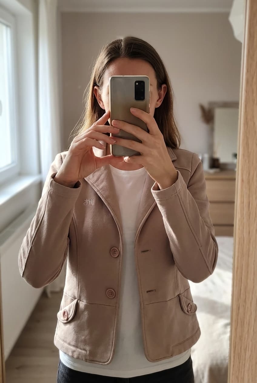 Beige warme vest - Hampton Bays - S - als nieuw! debout, face à la caméra, dans une chambre à la lumière douce, avec une lumière naturelle filtrant par la fenêtre.