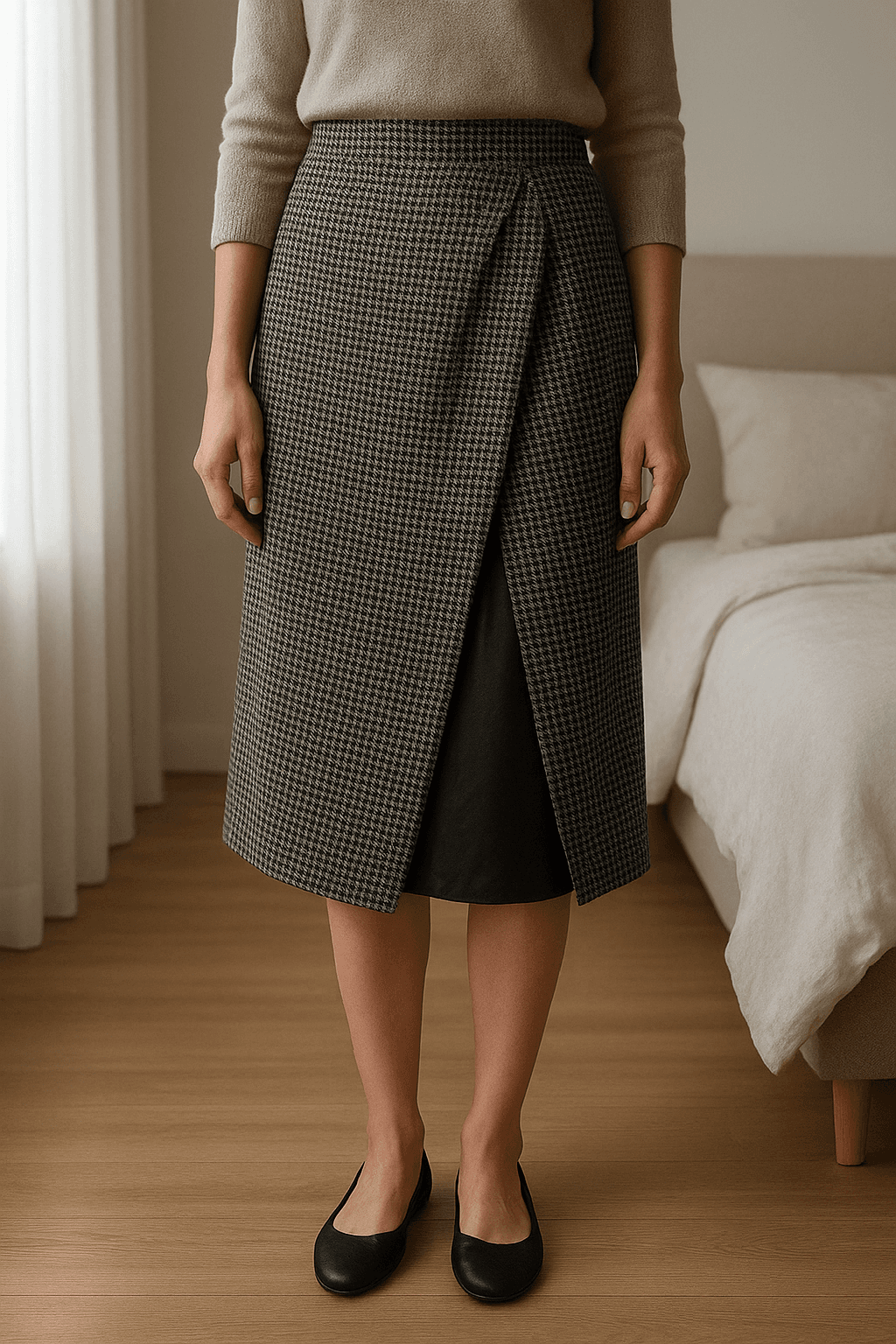 Gonna elegante Pinko in piedi, rivolto verso la fotocamera, in una camera da letto con luce soffusa e luce naturale che filtra dalla finestra.