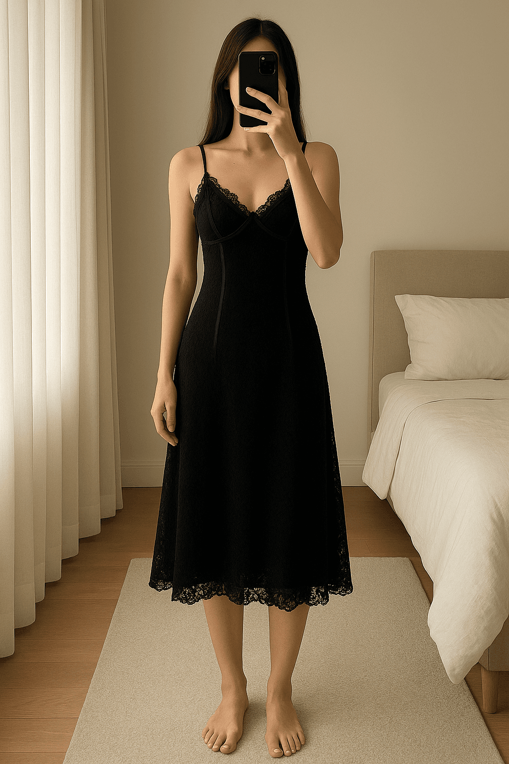 Moschino Cheap and Chic Dress Size 12 Black Embroidered Flowers with Fishtail Skirt standing straight facing the camera, in a softly lit bedroom setting, with gentle natural light filtering through a window.
