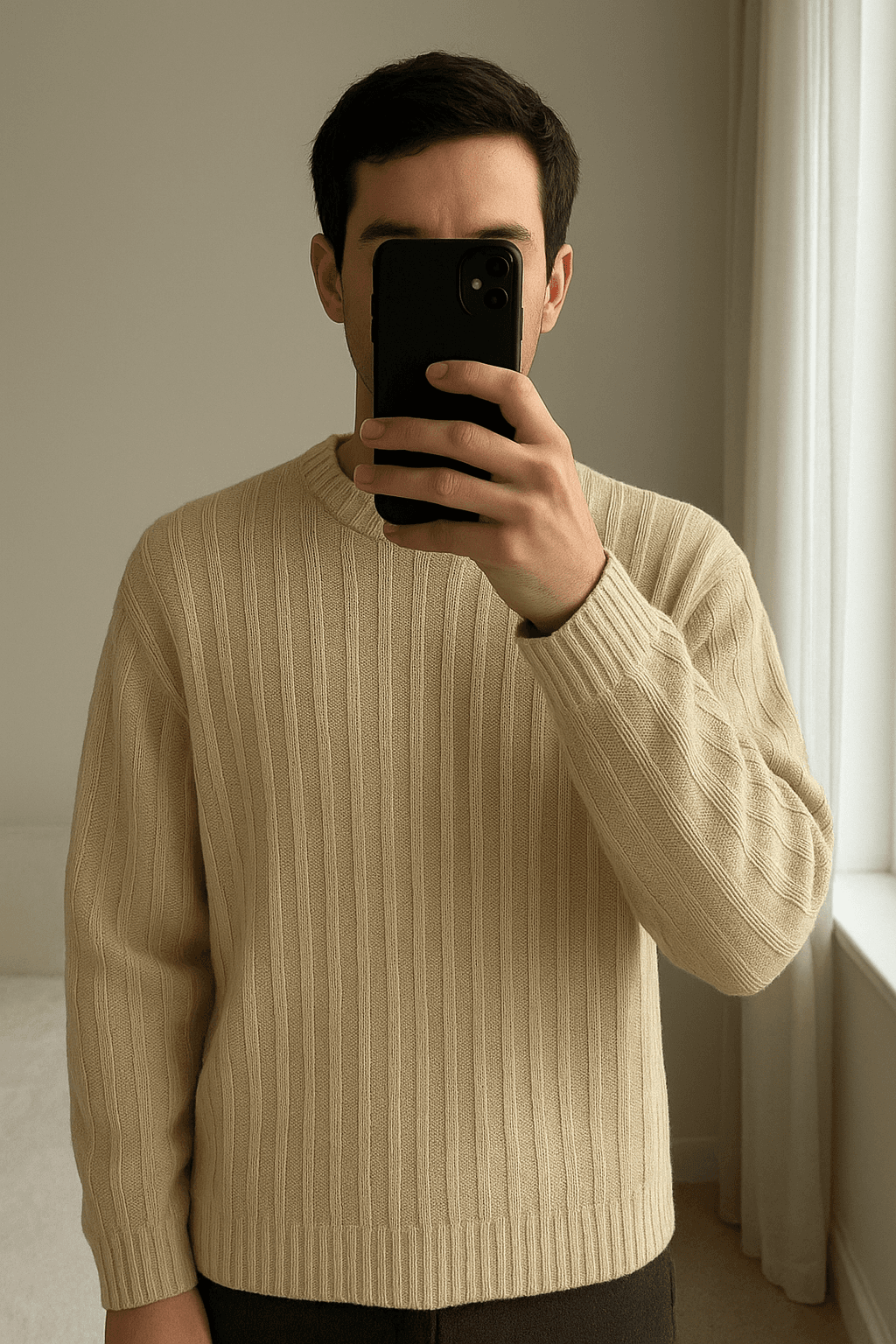 ASOS Pullover Oversized White M in piedi, rivolto verso la fotocamera, in una camera da letto con luce soffusa e luce naturale che filtra dalla finestra.