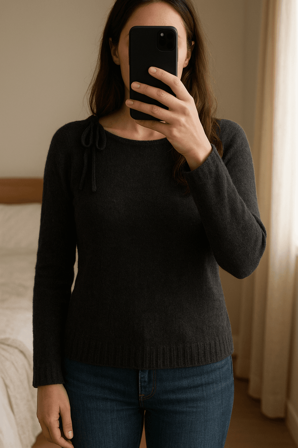 Nieuwe Wollen bruine trui - Mer Du Nord - maat M debout, face à la caméra, dans une chambre à la lumière douce, avec une lumière naturelle filtrant par la fenêtre.