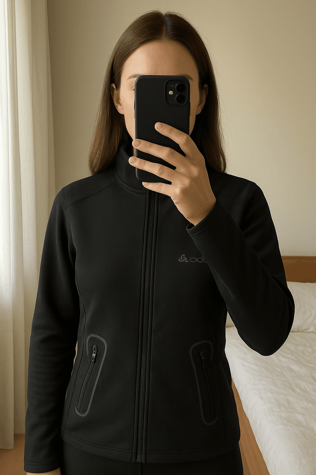 Odlo Softshelljacke aufrecht stehend, der Kamera zugewandt, in einem sanft beleuchteten Schlafzimmer, mit natürlichem Licht, das durch ein Fenster fällt.
