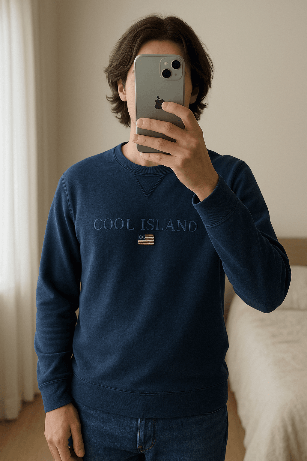 Blauwe trui - Cool Island sport DPT. - maat L - goed standing straight facing the camera, in a softly lit bedroom setting, with gentle natural light filtering through a window.