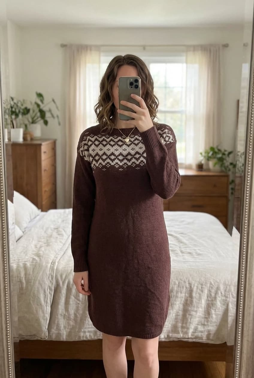 Robe longue Sherpa laine mérinos alpaga - S debout, face à la caméra, dans une chambre à la lumière douce, avec une lumière naturelle filtrant par la fenêtre.