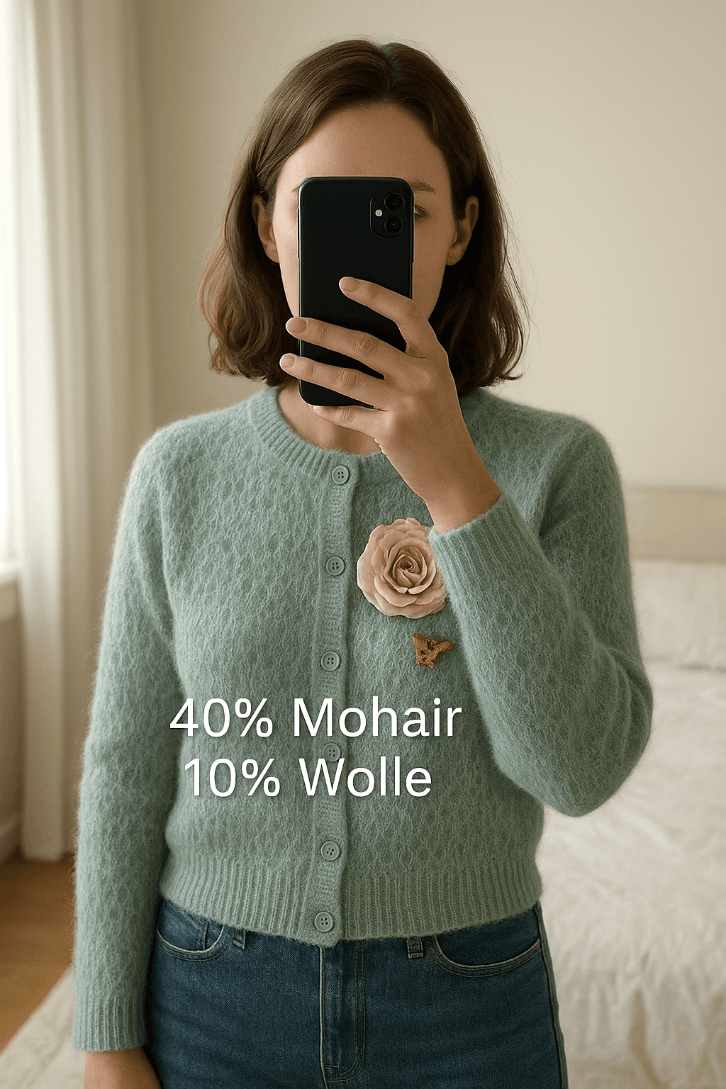 Mohair & Wolle Strickjacke türkis Ajour Lochstrick Raglan XL L 42 44 blau türkis kuschel cottage aufrecht stehend, der Kamera zugewandt, in einem sanft beleuchteten Schlafzimmer, mit natürlichem Licht, das durch ein Fenster fällt.