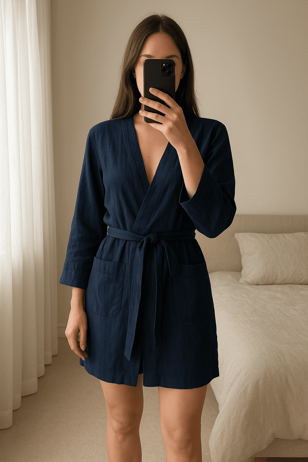 Szlafrok damski z wiskozy na zawiązywanie z kieszeniami Dkaren Ines granatowy S standing straight facing the camera, in a softly lit bedroom setting, with gentle natural light filtering through a window.