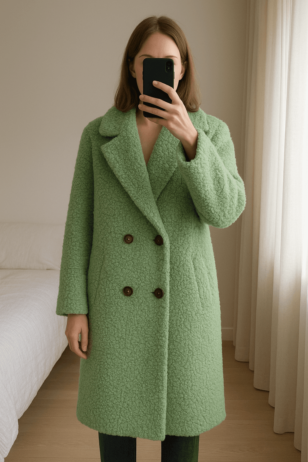 Cappotto verde menta teddy oversize 48 in piedi, rivolto verso la fotocamera, in una camera da letto con luce soffusa e luce naturale che filtra dalla finestra.
