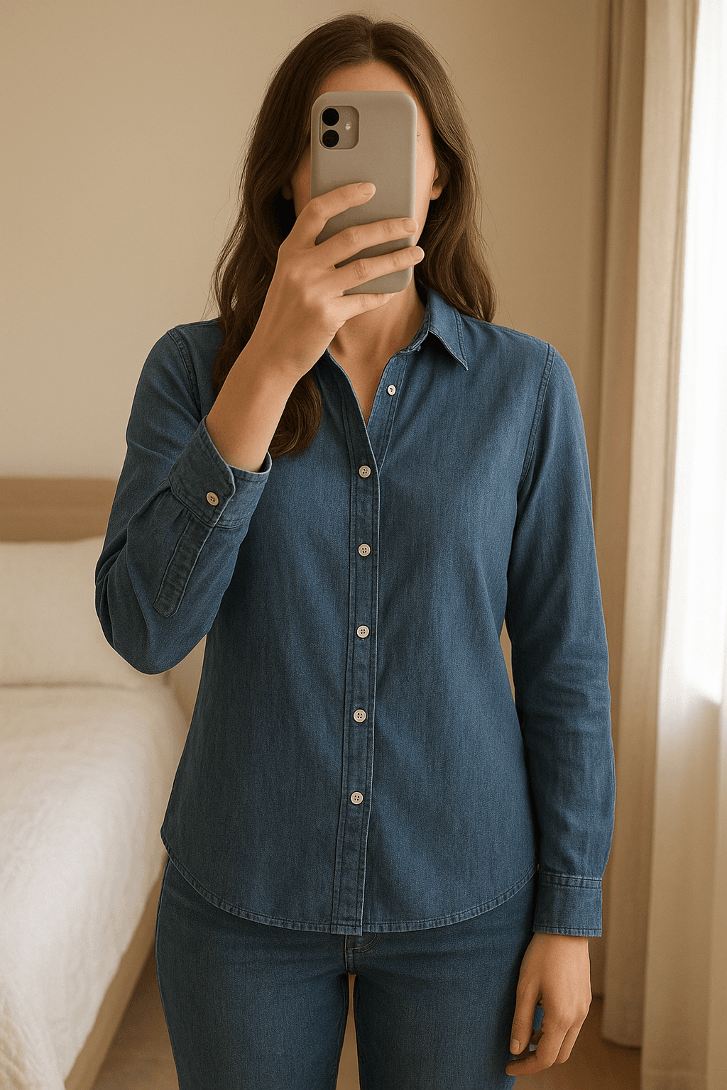 Camicia Bagutta in cotone manica lunga con rouches ai polsi in piedi, rivolto verso la fotocamera, in una camera da letto con luce soffusa e luce naturale che filtra dalla finestra.