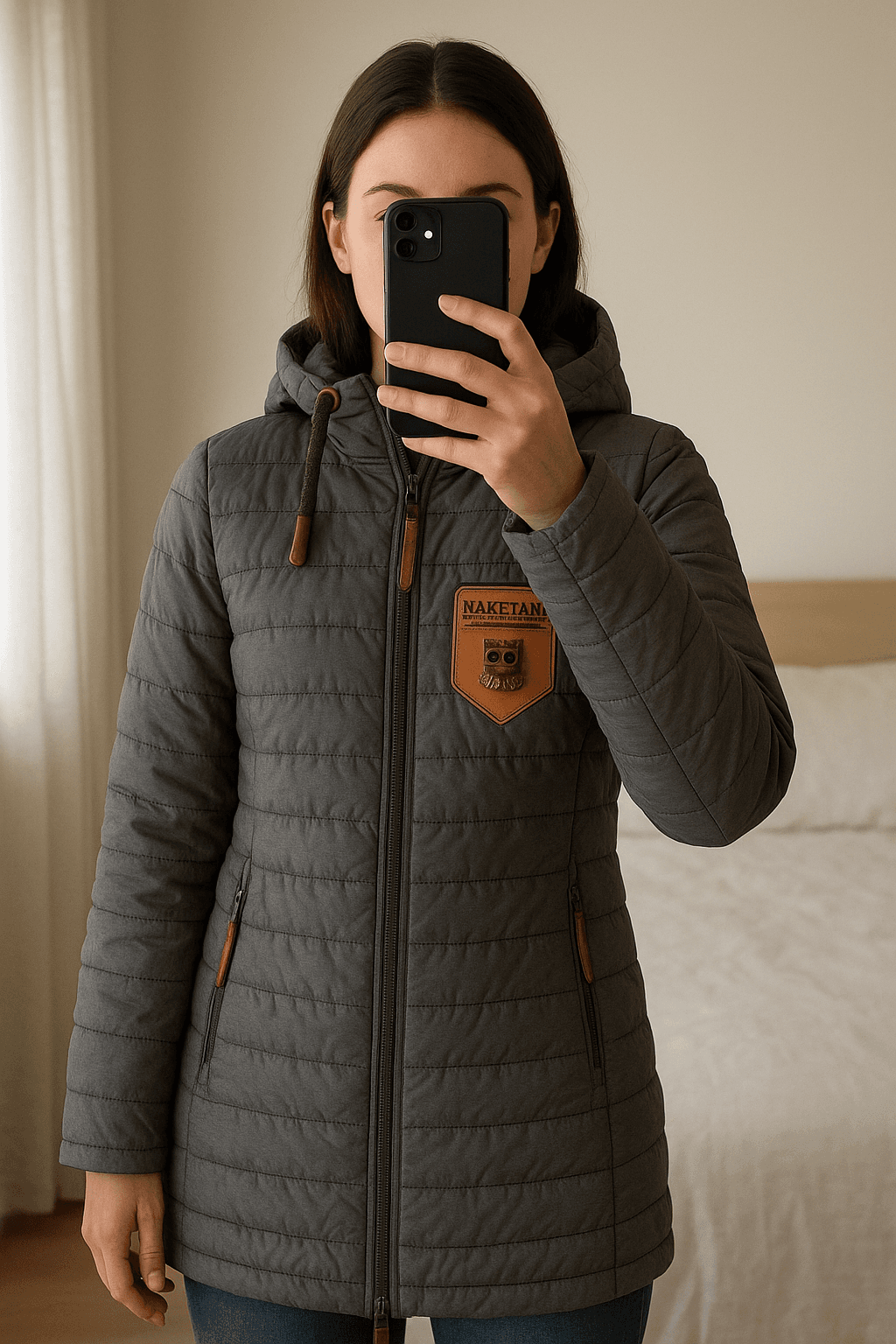 Steppmantel aufrecht stehend, der Kamera zugewandt, in einem sanft beleuchteten Schlafzimmer, mit natürlichem Licht, das durch ein Fenster fällt.