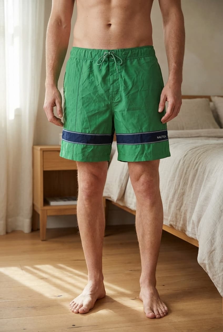 Une personne en Short de bain, Nautica vert – Taille XL debout, face à la caméra, dans une chambre à la lumière douce, avec une lumière naturelle filtrant par la fenêtre.