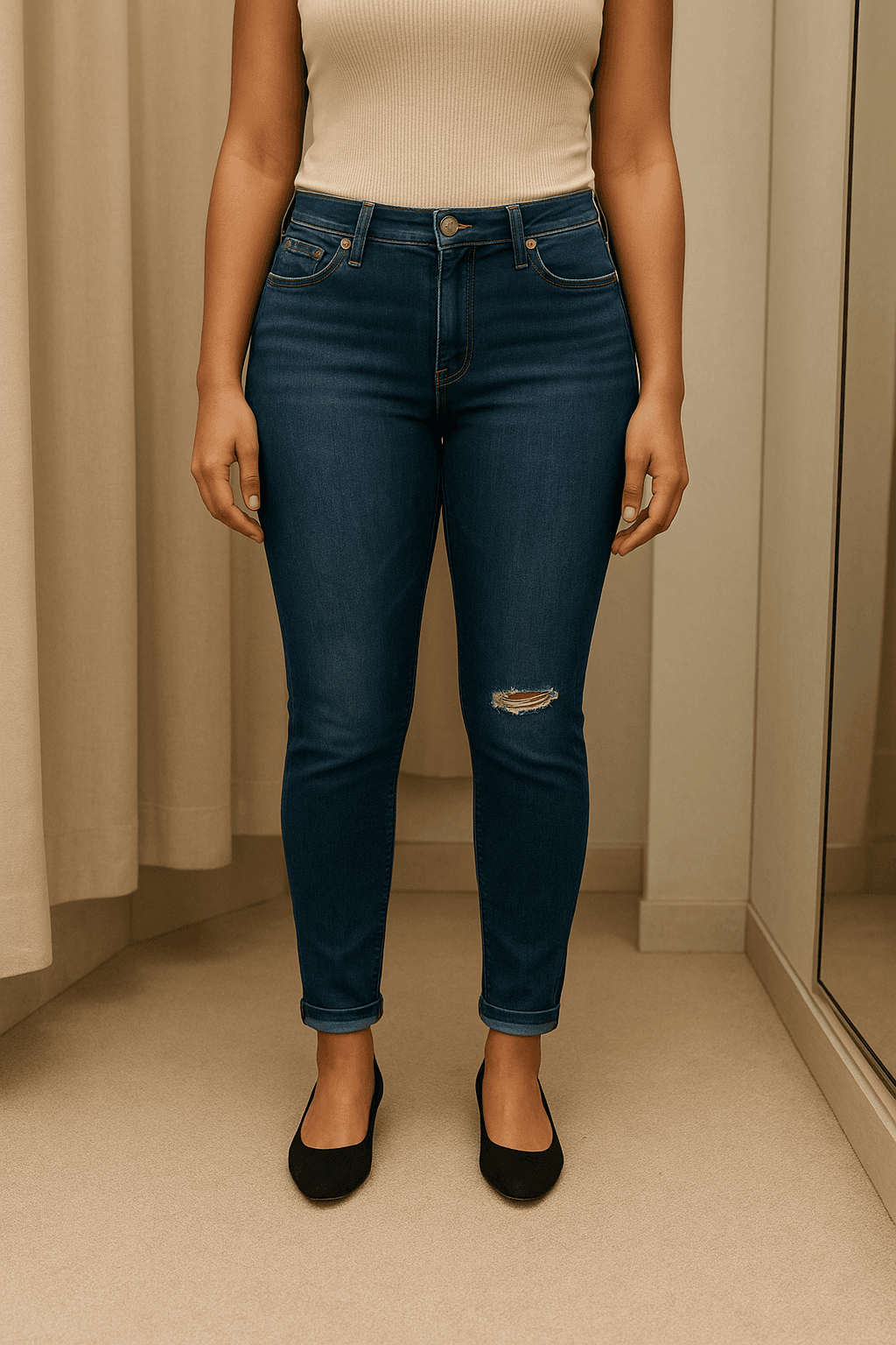 Una persona in Jeans skinny blu strappati - Bershka in piedi, rivolto verso la fotocamera, in un camerino in stile boutique con specchio e decorazioni neutre.