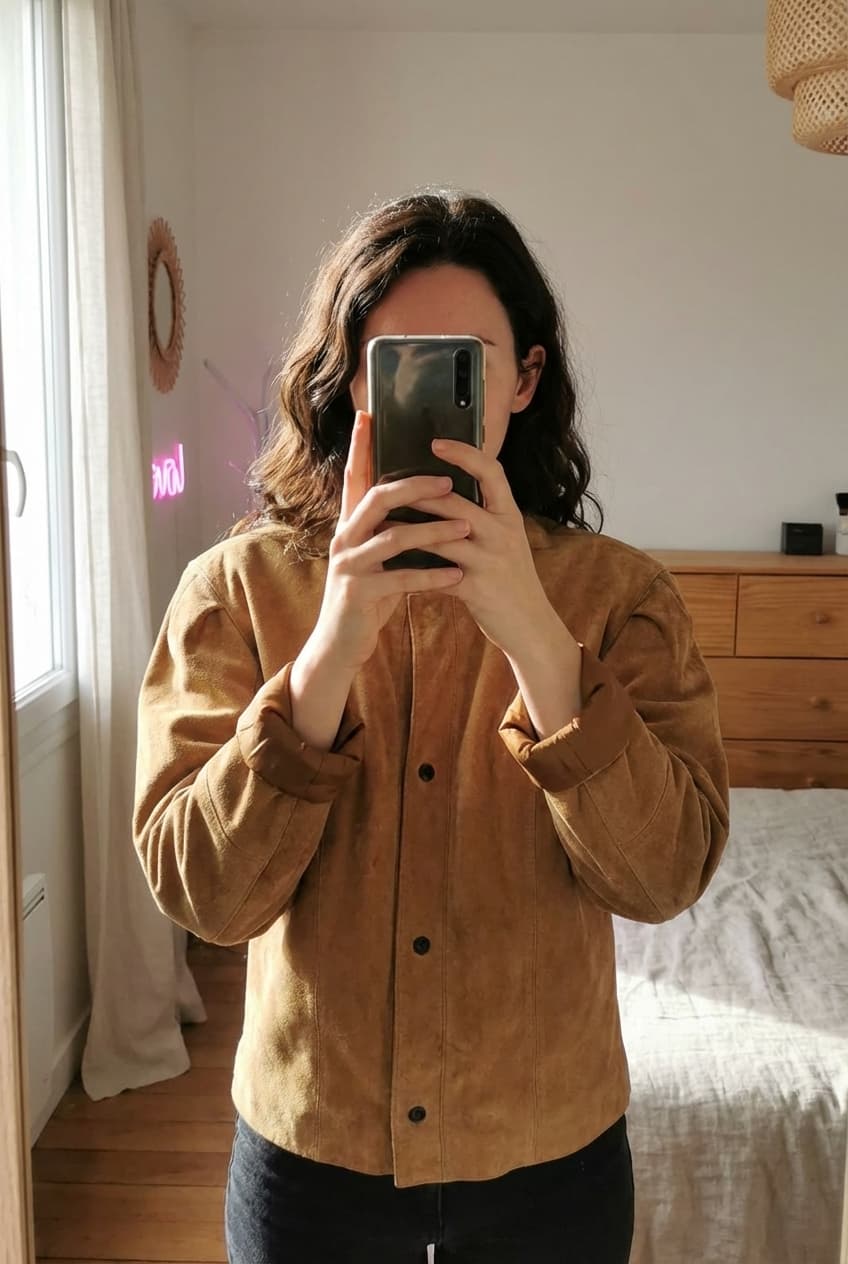 Teddy court vintage épaules bouffantes daim debout, face à la caméra, dans une chambre à la lumière douce, avec une lumière naturelle filtrant par la fenêtre.