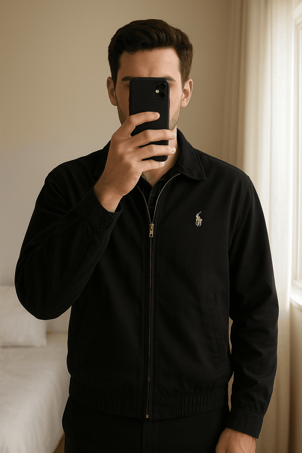 Jacket Harrington Polo Ralph Lauren em pé, de frente para a câmera, em um quarto com iluminação suave e luz natural filtrando pela janela.