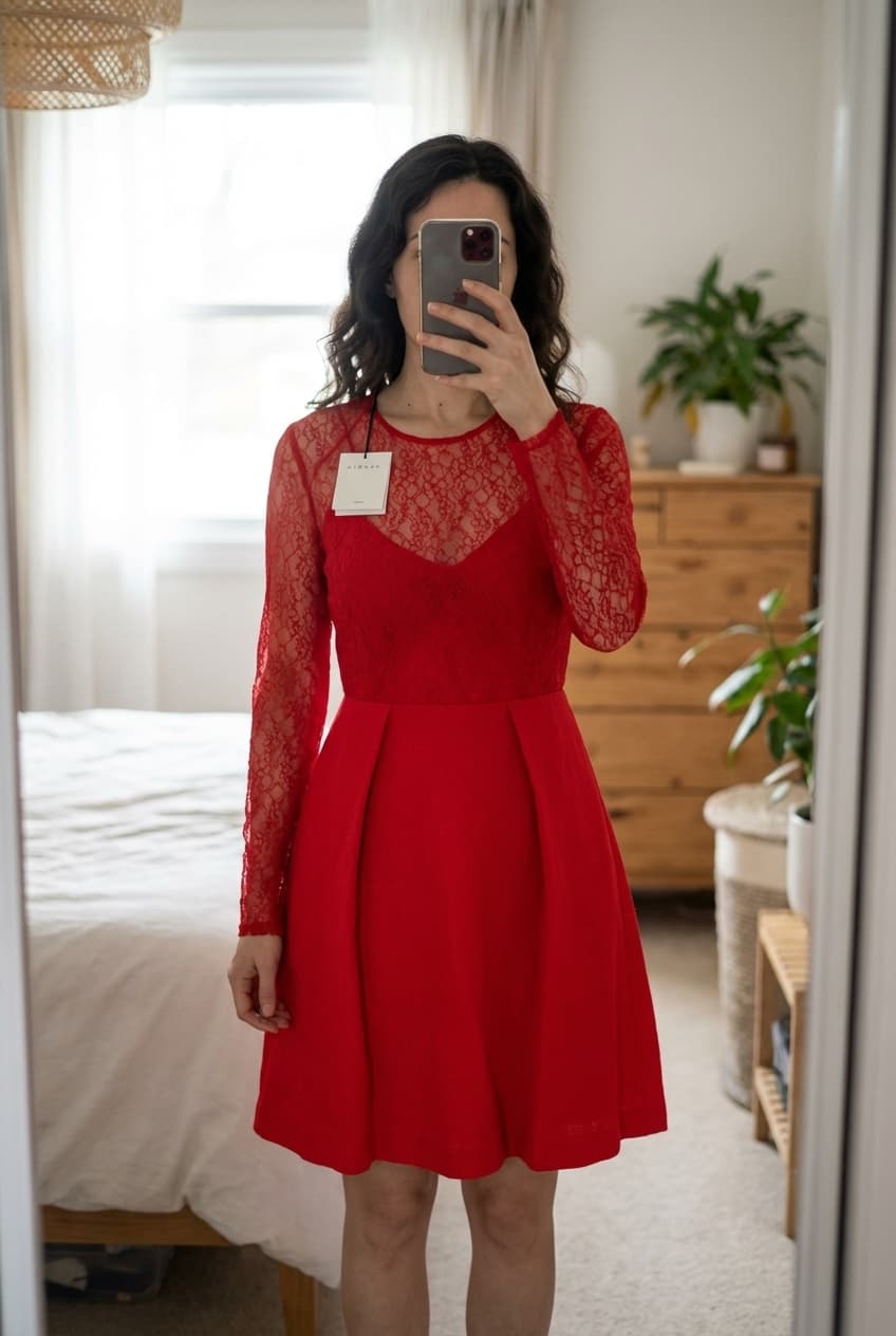 Robe cocktail debout, face à la caméra, dans une chambre à la lumière douce, avec une lumière naturelle filtrant par la fenêtre.