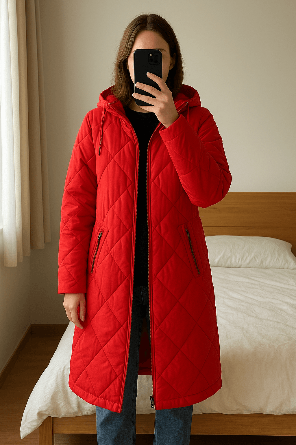 langer Steppmantel aufrecht stehend, der Kamera zugewandt, in einem sanft beleuchteten Schlafzimmer, mit natürlichem Licht, das durch ein Fenster fällt.