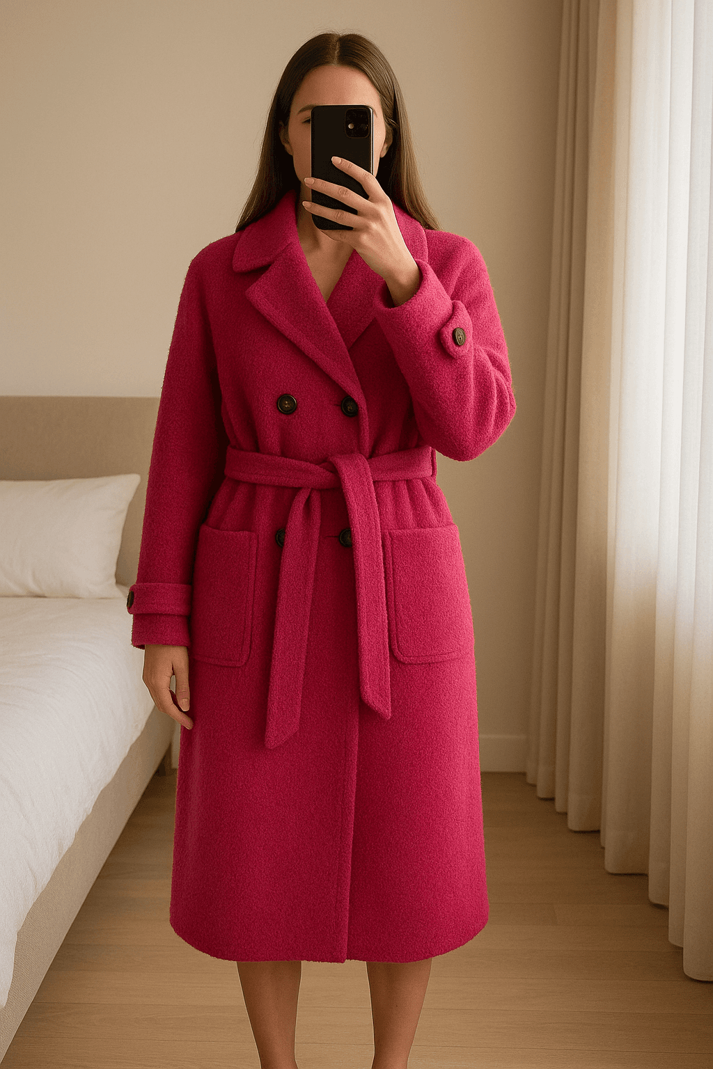 Teddymantel/ Wintermantel/ Bouclé-Mantel Gr.40 aufrecht stehend, der Kamera zugewandt, in einem sanft beleuchteten Schlafzimmer, mit natürlichem Licht, das durch ein Fenster fällt.