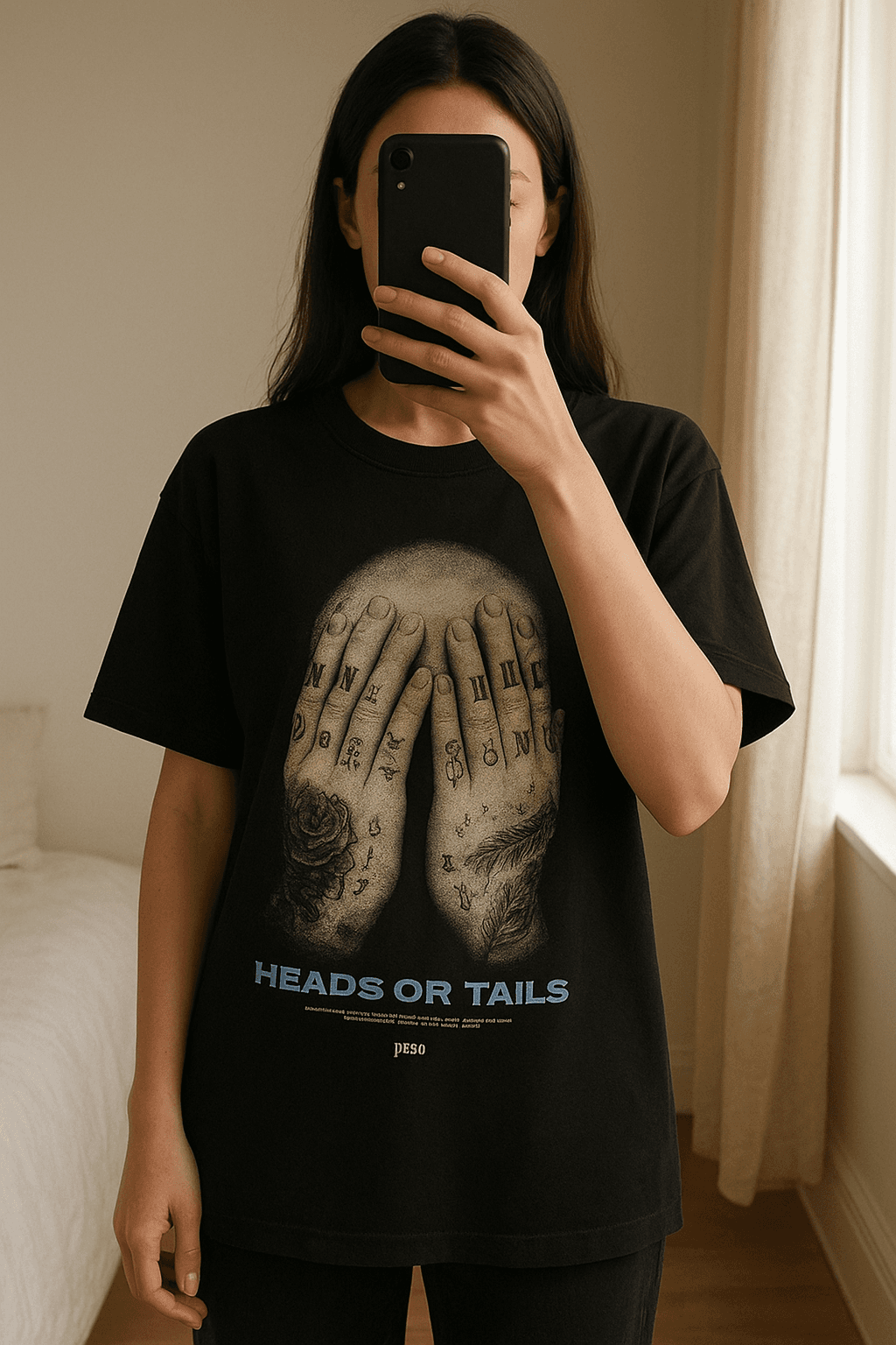 Peso T-Shirt Heads or Tails aufrecht stehend, der Kamera zugewandt, in einem sanft beleuchteten Schlafzimmer, mit natürlichem Licht, das durch ein Fenster fällt.