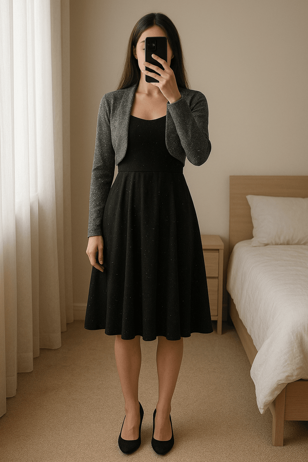 Vestitino cerimonia + giacchetto in piedi, rivolto verso la fotocamera, in una camera da letto con luce soffusa e luce naturale che filtra dalla finestra.