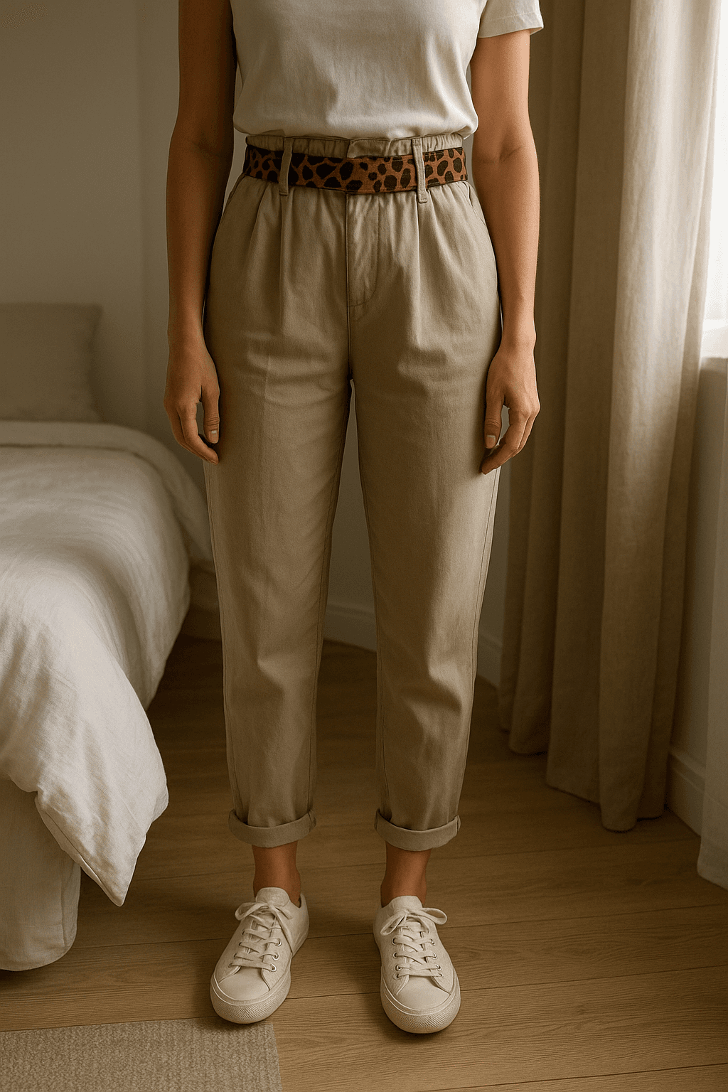 Pantaloni Dixie ampi in piedi, rivolto verso la fotocamera, in una camera da letto con luce soffusa e luce naturale che filtra dalla finestra.