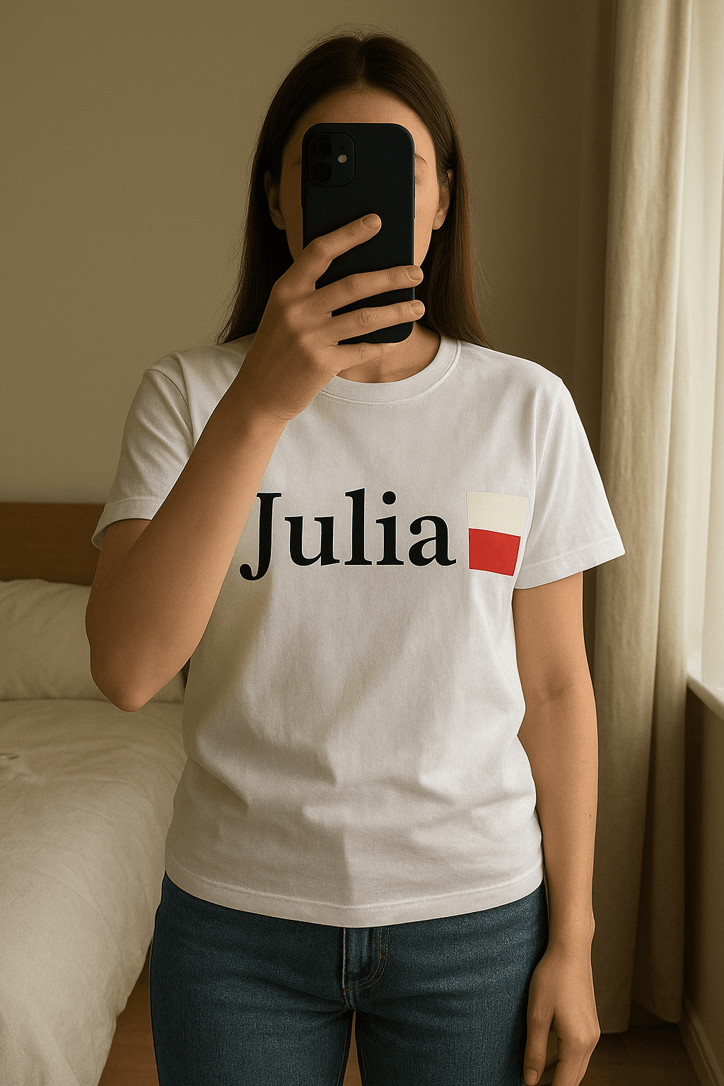 T-shirt personnalisé debout, face à la caméra, dans une chambre à la lumière douce, avec une lumière naturelle filtrant par la fenêtre.