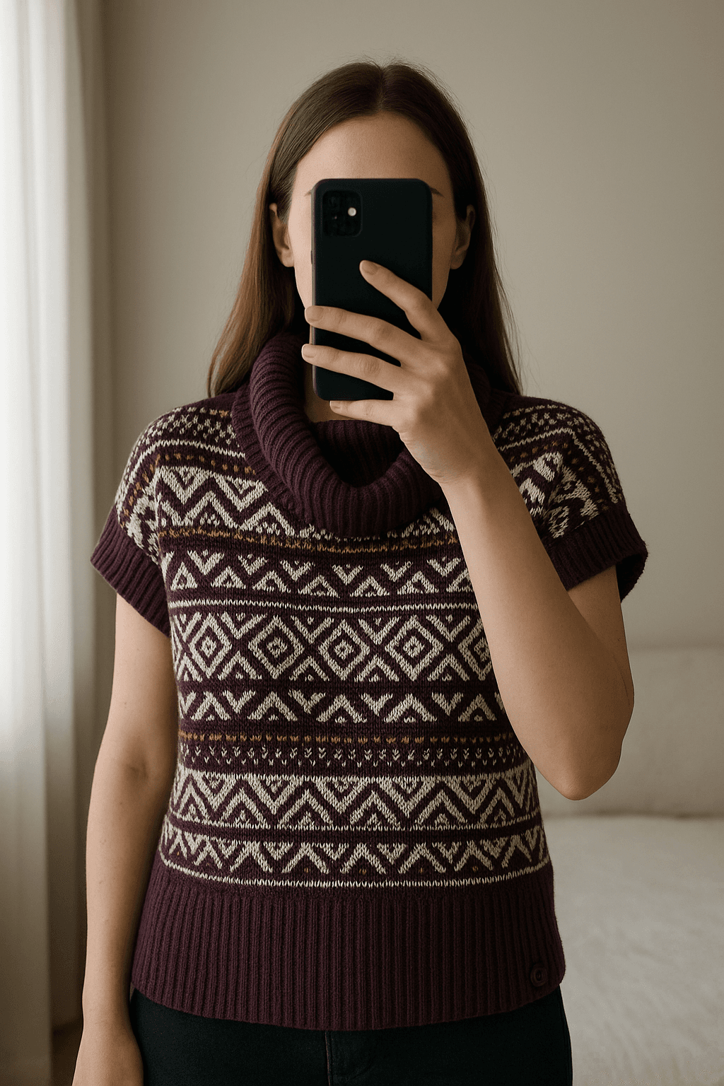 NEU Norweger Strick-Poncho Gr. L/ XL aufrecht stehend, der Kamera zugewandt, in einem sanft beleuchteten Schlafzimmer, mit natürlichem Licht, das durch ein Fenster fällt.