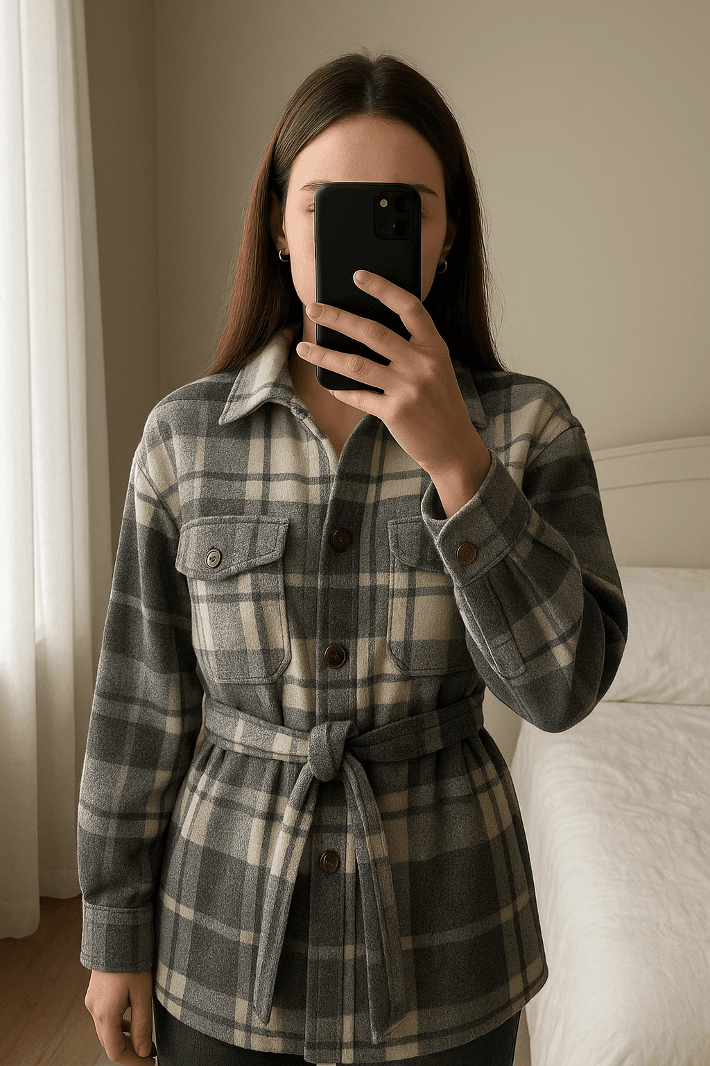 Schöner warmer Mantel aufrecht stehend, der Kamera zugewandt, in einem sanft beleuchteten Schlafzimmer, mit natürlichem Licht, das durch ein Fenster fällt.