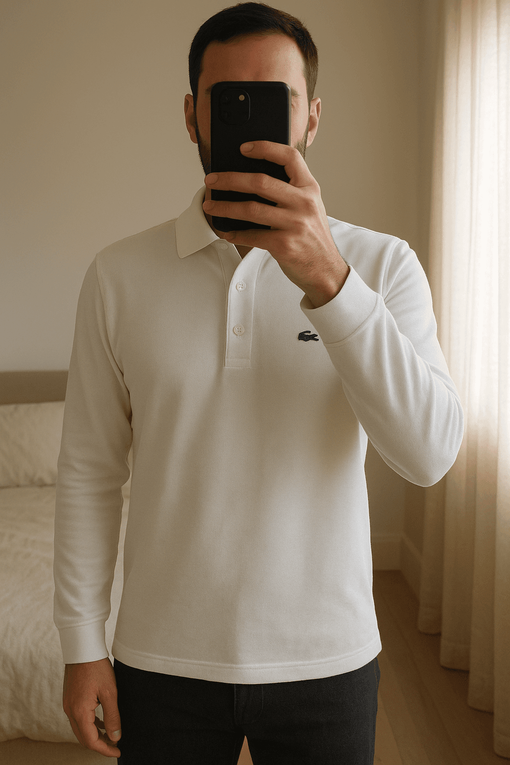 Lacoste Men's YH9521 Long Sleeve White Slim Fit Polo Shirt - Medium standing straight facing the camera, in a softly lit bedroom setting, with gentle natural light filtering through a window.