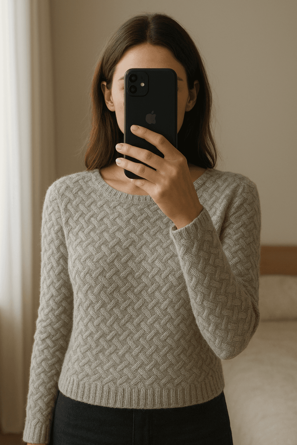 Pullover Missoni in piedi, rivolto verso la fotocamera, in una camera da letto con luce soffusa e luce naturale che filtra dalla finestra.