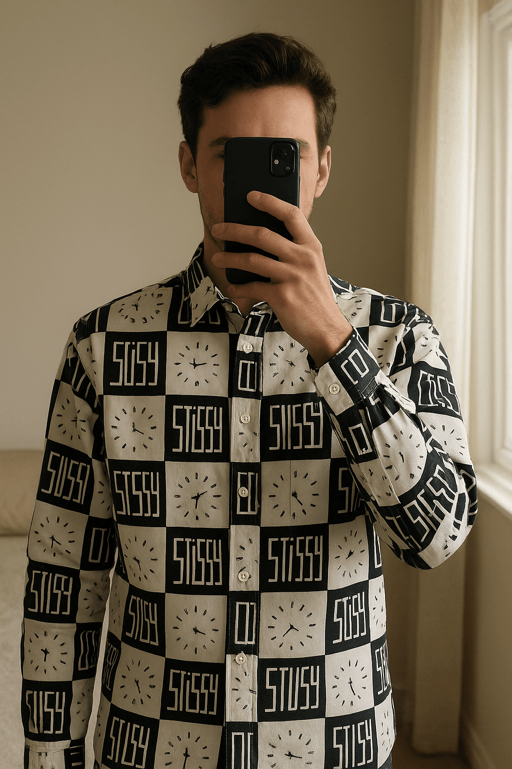Stussy Shirt Size M in piedi, rivolto verso la fotocamera, in una camera da letto con luce soffusa e luce naturale che filtra dalla finestra.