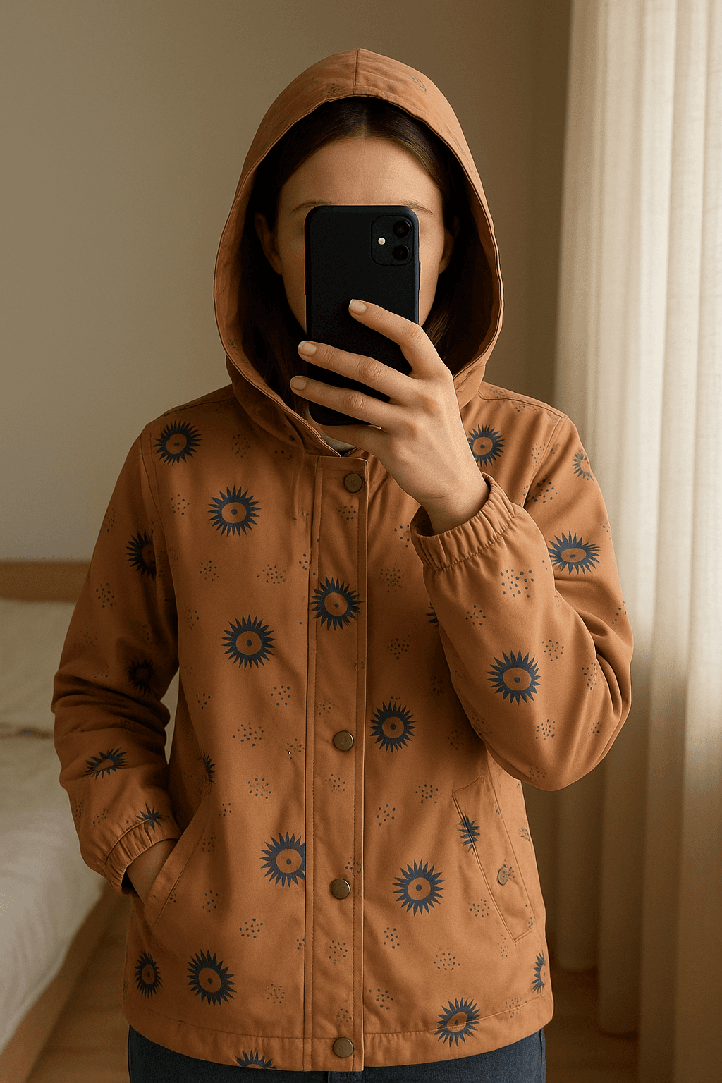 Regenjacke Löwe - Fresk NL aufrecht stehend, der Kamera zugewandt, in einem sanft beleuchteten Schlafzimmer, mit natürlichem Licht, das durch ein Fenster fällt.