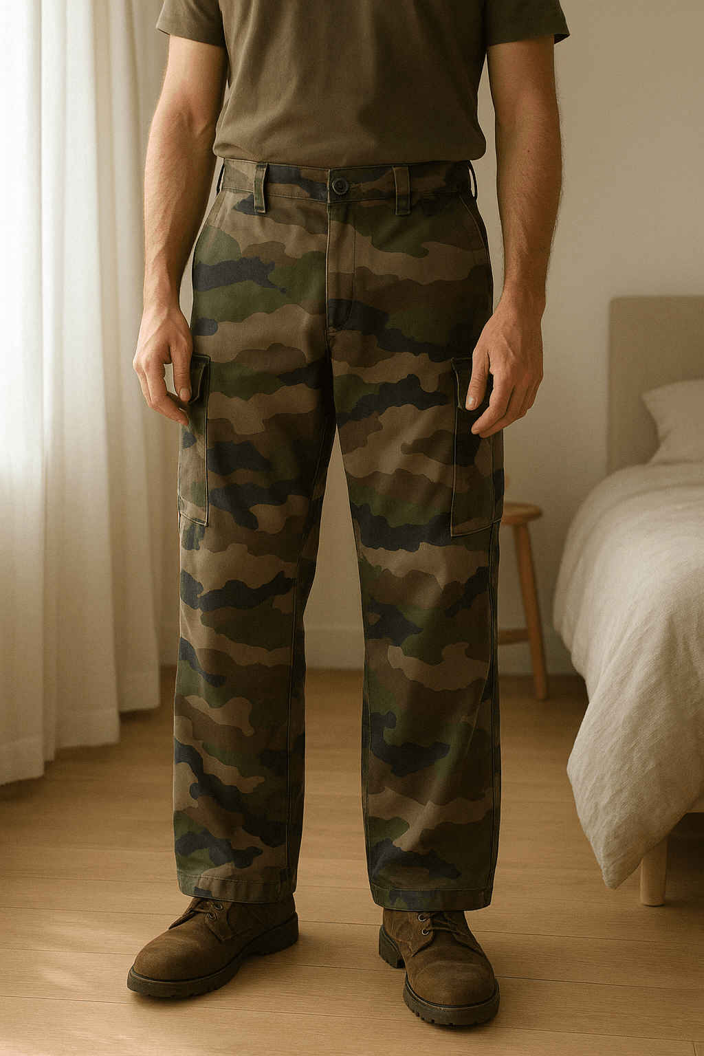 Custom baggy camo y2k similar to Joshua Jamal and pdf woodland in piedi, rivolto verso la fotocamera, in una camera da letto con luce soffusa e luce naturale che filtra dalla finestra.