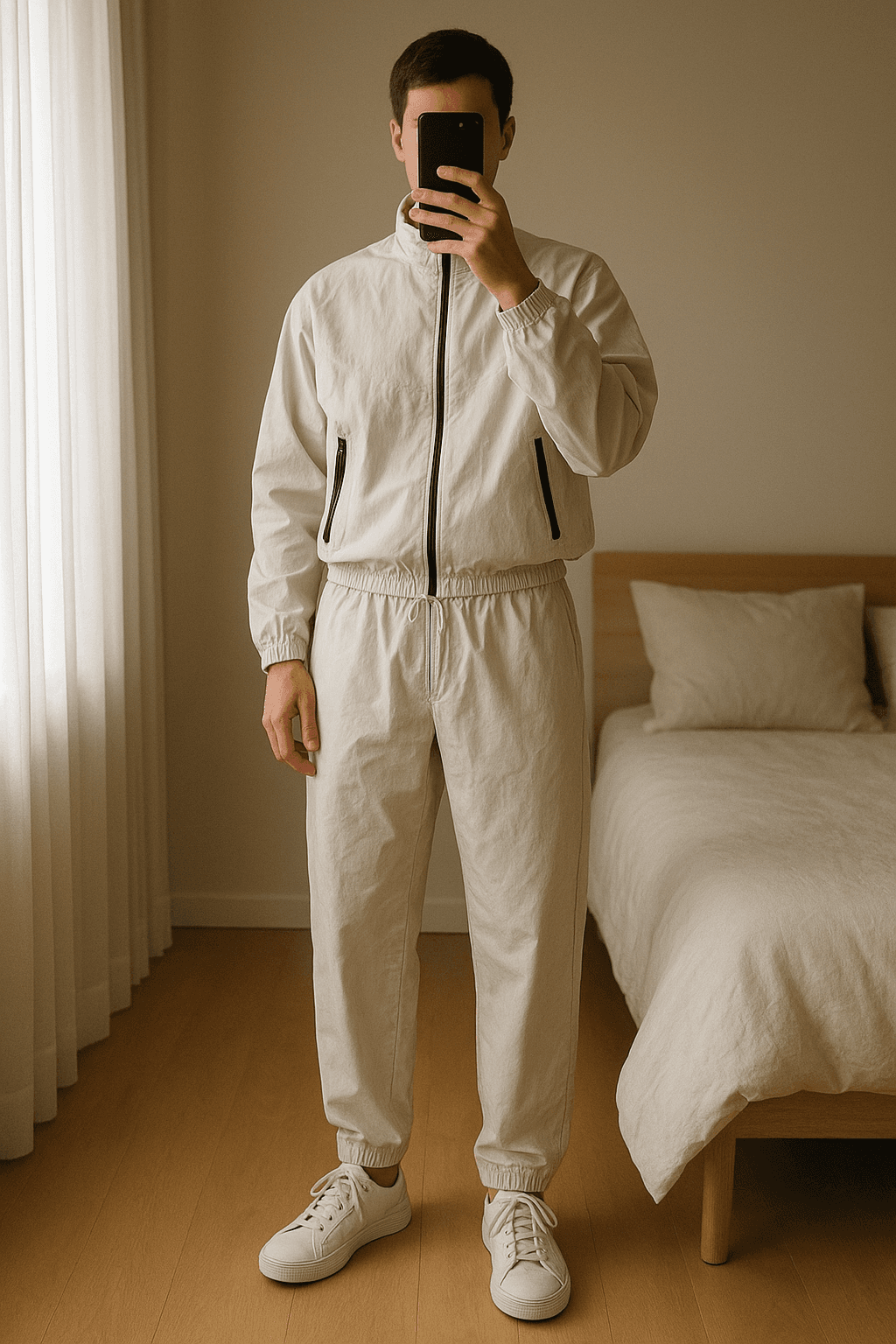 Coordinato Tuta Bianco Baggy. in piedi, rivolto verso la fotocamera, in una camera da letto con luce soffusa e luce naturale che filtra dalla finestra.