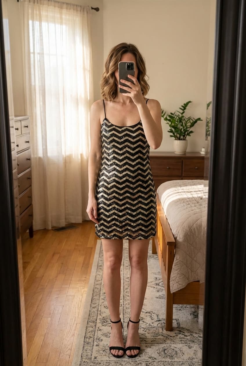 Sublime robe à sequins debout, face à la caméra, dans une chambre à la lumière douce, avec une lumière naturelle filtrant par la fenêtre.